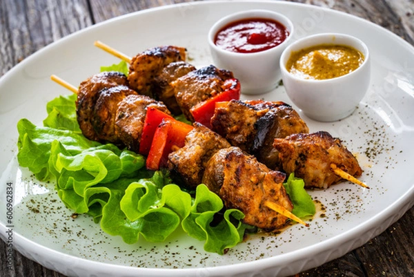 Fototapeta Meat skewers - grilled meat with vegetables on wooden background
