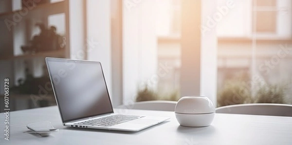 Fototapeta Modern Office Workspace. Laptop on a Business Desk in a Stylish Room