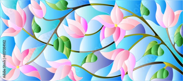 Obraz An illustration in the style of a stained glass window with pink intertwined flowers and leaves on a blue background