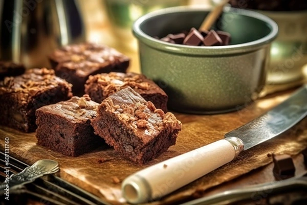 Fototapeta make brownies with almond topping slice and stuff food photography