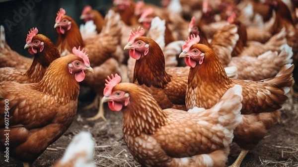 Fototapeta Chickens on traditional free range poultry farm Generative AI