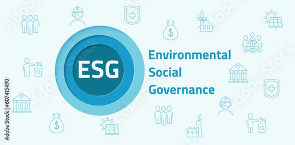 Fototapeta ESG. Environmental, Social and Governance. Banner, vector illustration in a circle on a blue background. The concept of responsible business.