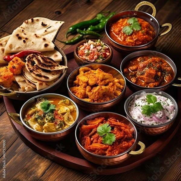 Fototapeta Variety traditional Indian dishes on the wooden table, selection of assorted spicy food. generative AI technology