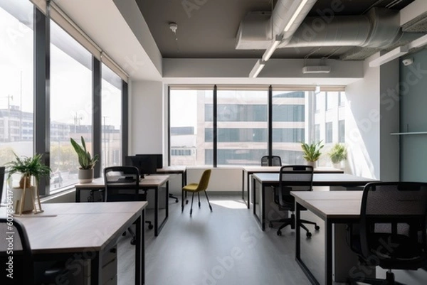 Fototapeta co-working space, with large windows and natural light, for professionals who want to work in a communal environment, created with generative ai