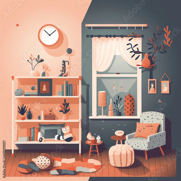 Fototapeta Generative AI Cozy Nursery interior, baby boy's room, flat style vector illustration template