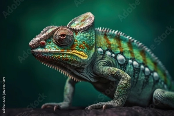 Fototapeta Beautiful green chameleon lizard family. A symbol of adaptation to change. AI generated, human enhanced