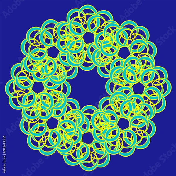 Fototapeta Beautiful vector abstract pattern in the form of flowers and leaves arranged in a circle on a blue background