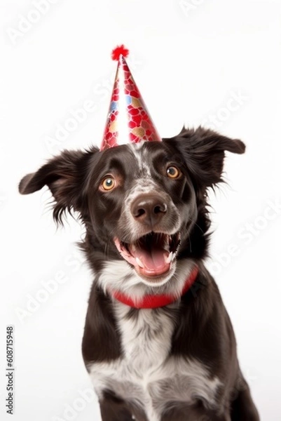 Obraz Cute dog celebrating with a red party hat. Generative AI