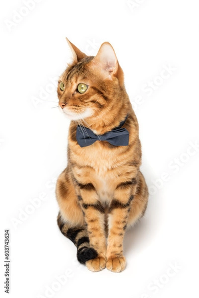 Fototapeta A cute red cat sits in a bow tie on a white background.