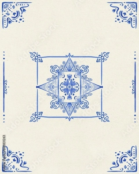 Fototapeta  card template with decorative tiles ornamental elements. Islam, Arabic, Portuguese tiles azulejo, turkish, spanish, mexican talavera or ottoman motifs