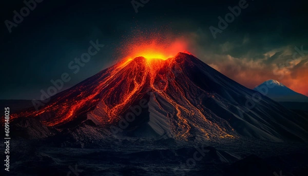 Fototapeta Majestic mountain range erupts in stunning sunset generated by AI