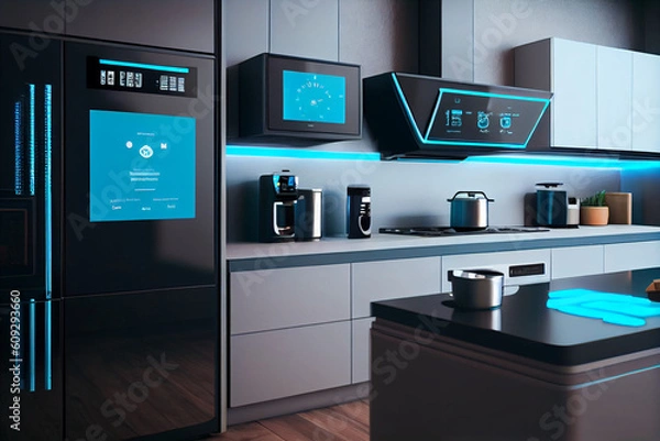 Fototapeta The kitchen of the future with many smart appliances and units with digital displays.