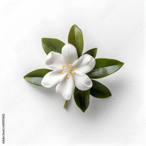 Fototapeta Bouquet of white jasmine flower plant with leaves isolated on white background. Flat lay, top view. macro closeup	