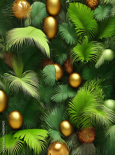 Fototapeta Volumetric golden jungle with fruity palm leaves.