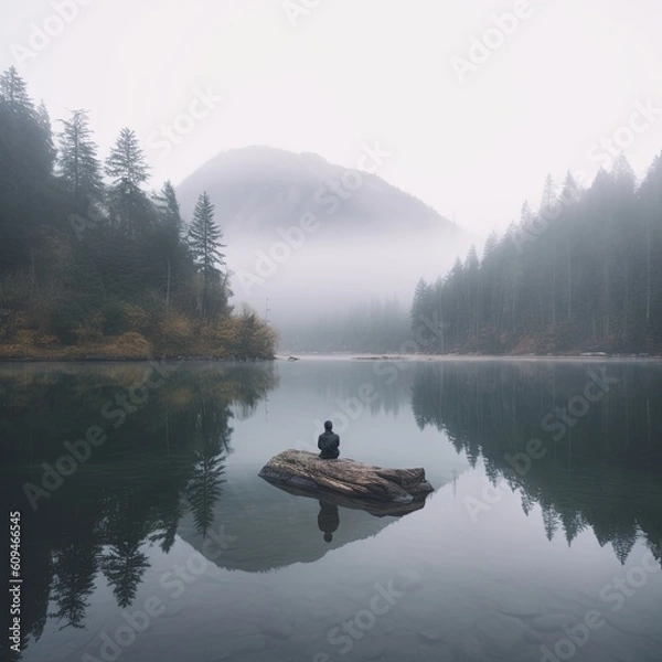 Obraz black forest lake in the mountains, Guy paddling for social media