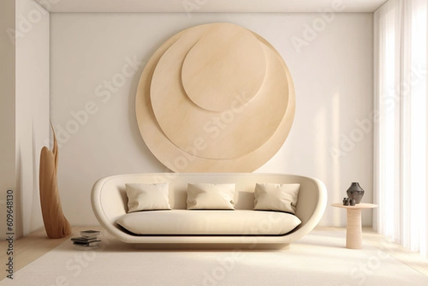 Fototapeta White couch on white wall with abstract art. Minimalist design and interior decoration concept. Generative AI.