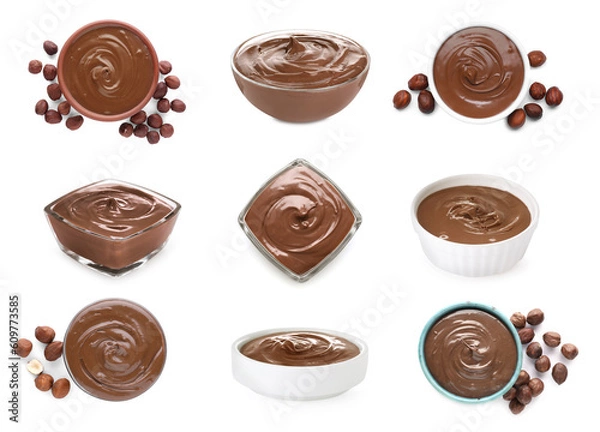 Fototapeta Yummy chocolate paste in bowls and hazelnuts on white background, collage design