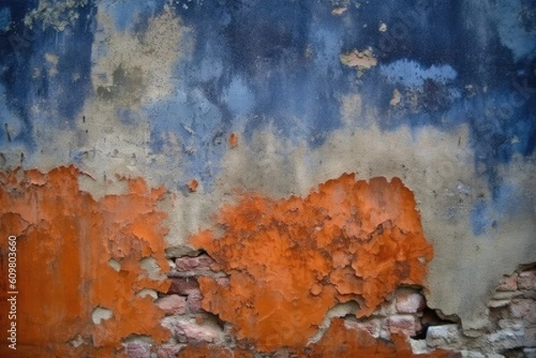 Fototapeta distressed orange and blue wall with peeling paint Generative AI