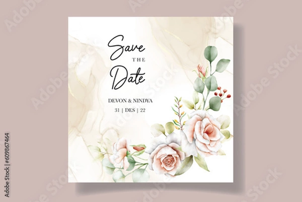 Fototapeta Elegant wedding invitation card with beautiful watercolor flowers