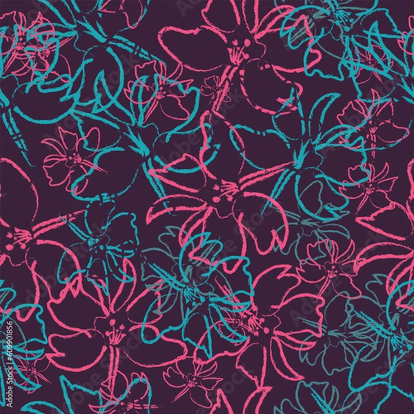 Fototapeta Brush strokes, flowers, spots create seamless patterns for fashionable bright textiles, graphics, backgrounds and crafts.