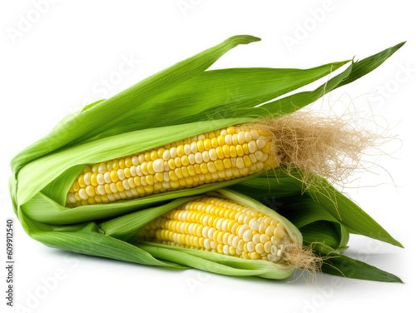 Fototapeta Cob of young corn with green leaves isolated on white background