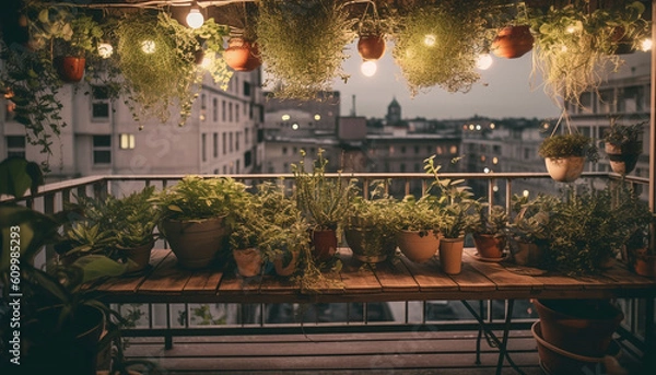 Fototapeta Summer balcony decor potted plants, lanterns, and colorful flowers illuminate generated by AI