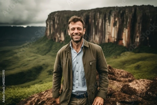 Fototapeta Handsome man in casual clothes is standing on the edge of the cliff and smiling at camera.