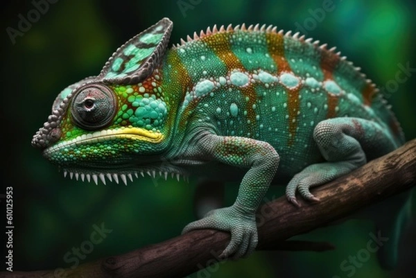 Fototapeta Beautiful green chameleon lizard family. A symbol of adaptation to change. AI generated, human enhanced