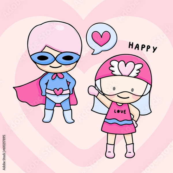 Fototapeta Cute Girl and boy drawing cartoon style, young couple for Valentine's card with text