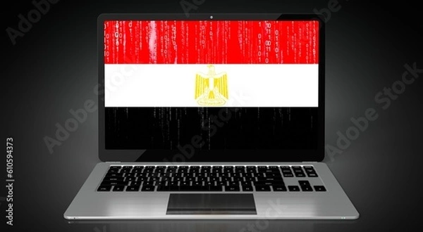 Fototapeta Egypt - country flag and binary code on laptop screen - 3D illustration