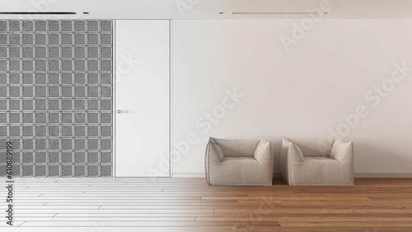 Fototapeta Architect interior designer concept: hand-drawn draft unfinished project that becomes real, minimal waiting sitting room with parquet floor. Glass brick walls, armchairs