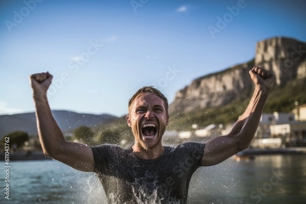 Fototapeta Environmental portrait photography of a grinning boy in his 30s celebrating winning against a scenic hot springs background. With generative AI technology