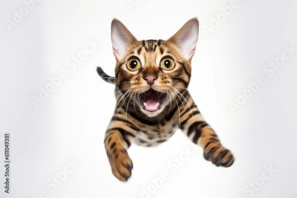 Fototapeta Lifestyle portrait photography of a smiling bengal cat leaping against a white background. With generative AI technology