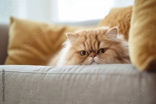 Fototapeta Lifestyle portrait photography of a happy persian cat back-arching against a comfy sofa. With generative AI technology