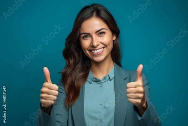 Fototapeta Medium shot portrait photography of a glad girl in her 30s raising both thumbs up against a teal blue background. With generative AI technology