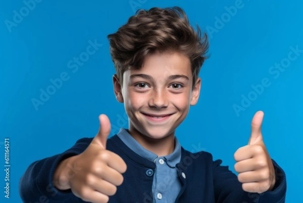 Fototapeta Headshot portrait photography of a joyful boy in his 30s showing a thumb up against a sapphire blue background. With generative AI technology