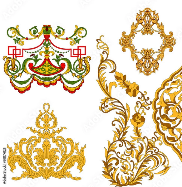 Fototapeta Set Of Baroque ornament for Digital textile design ornament.Baroque Rococo style wallpaper design, suitable for textile, clothing and bottom design