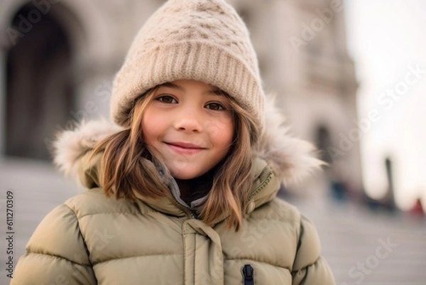 Fototapeta Medium shot portrait photography of a happy kid female wearing a cozy winter coat against a historical monument background. With generative AI technology