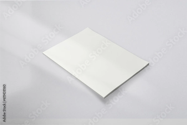 Fototapeta Realistic top view cover and opened portrait A4 or A5 magazine or brochure booklet for stationery and branding. Mockup template isolated light grey background and leaf shadow overlay. 3D rendering.