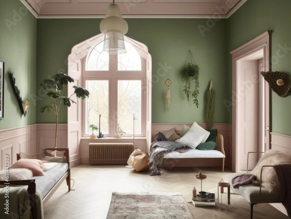 Fototapeta Pink and green cottage style interior room. Generative AI