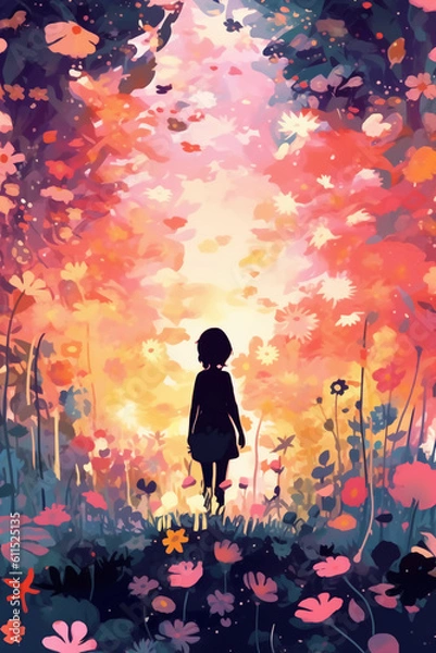 Fototapeta The silhouette of a girl walking into a garden of flowers. AI generative