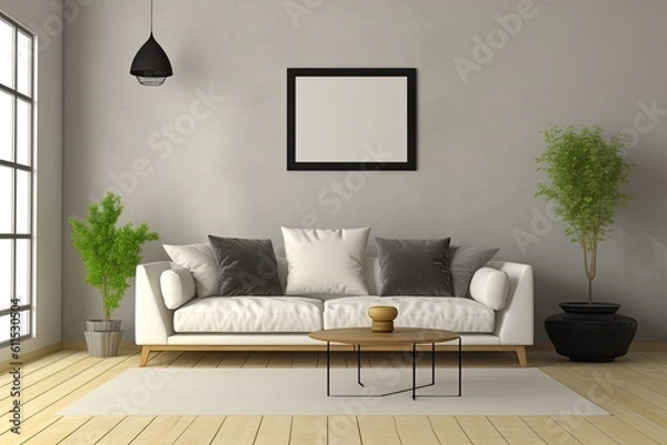 Fototapeta Mockup of a horizontal frame hanging in a living room that is brilliant white with plants and decorations. Generative AI