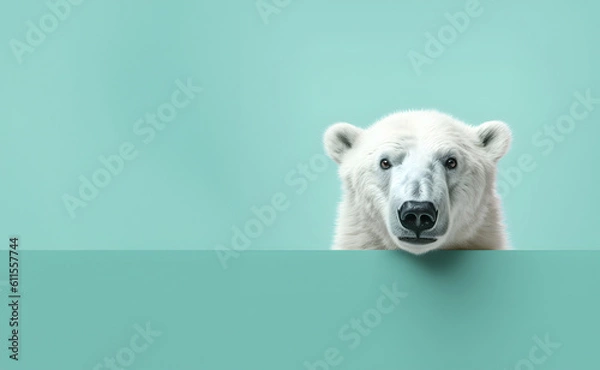 Fototapeta Koncepcja kreatywnego zwierząt. Niedźwiedź polarny zerka na pastelowe jasne tło. Reklama, baner, karta. Skopiuj przestrzeń tekstową. Zaproszenie na przyjęcie urodzinowe