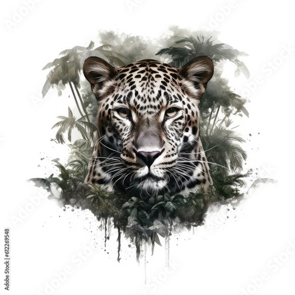 Fototapeta Generative ai illustration of detailed drawing illustration of a Leopard in a jungle setting.