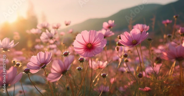 Fototapeta violet flower field sunset blooming meadow environment beautiful nature background pink. Generative AI.