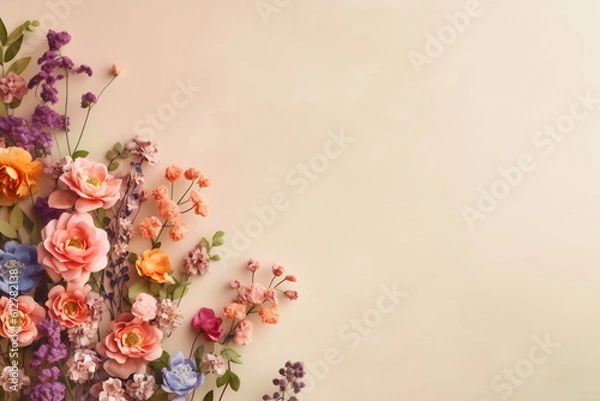 Fototapeta Arrangement of spring flowers against a pastel colors background. Blooming concept. Flat lay