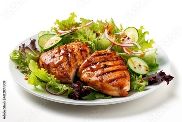 Obraz Plate of Grilled Chicken with Salad Isolated on a White Background. Generative AI