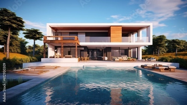 Fototapeta luxurious modern house with a rectangular swimming pool in the yard on a summer sunny day