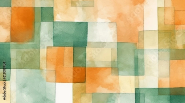 Fototapeta An abstract painting with orange and green squares. Generative ai