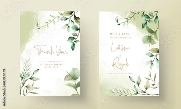 Fototapeta elegant watercolor leaves invitation card set